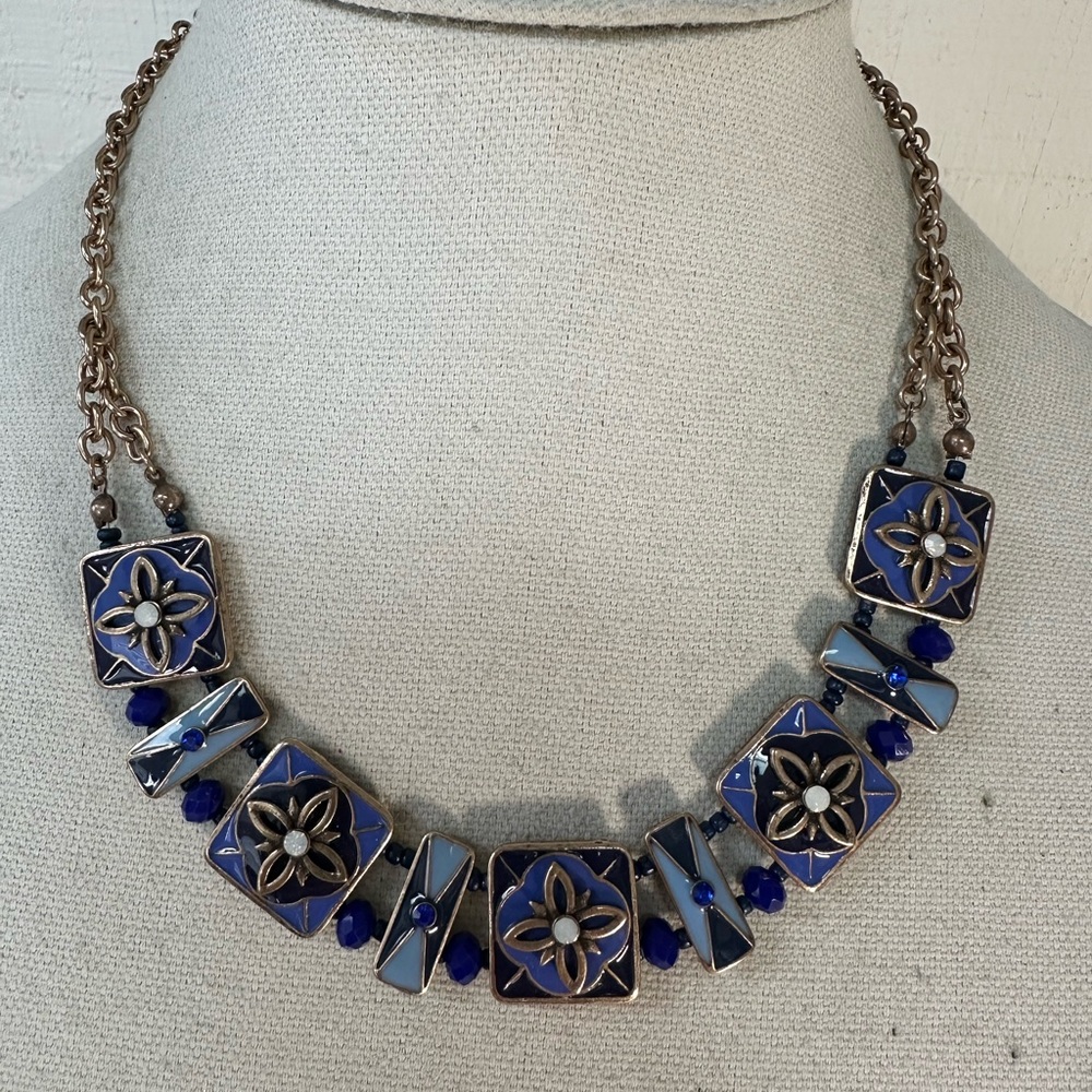Blue enameled rhinestone statement necklace